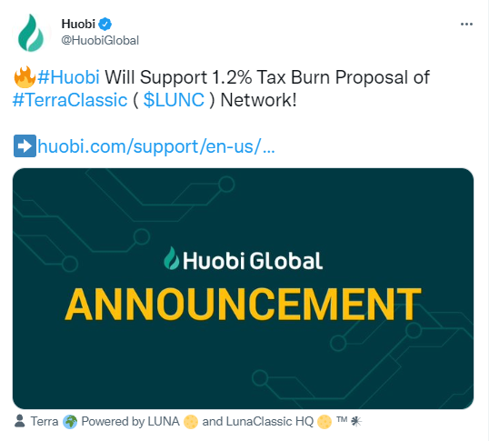Huobi và BTCEX tham gia hỗ trợ burn 1,2% LUNC
