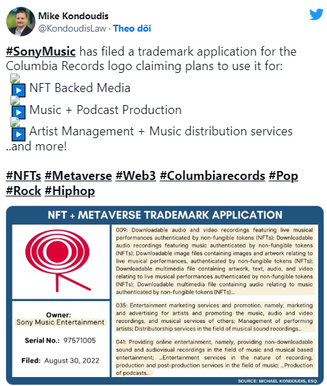 vimoneyy: Sony Music đăng ký bảo hộ thương hiệu NFT