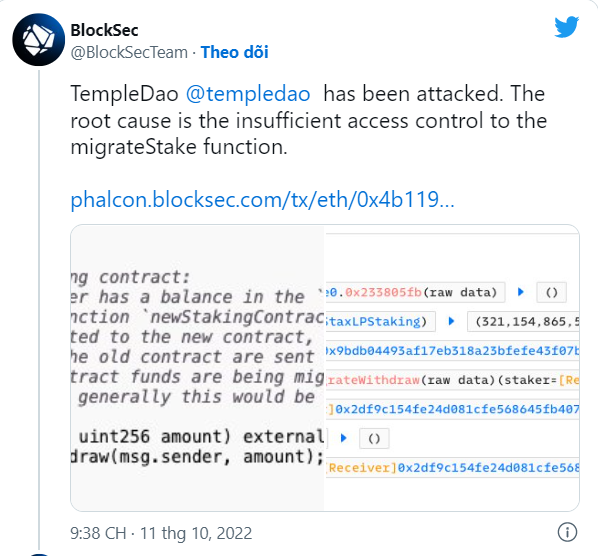vimoney: Giao thức TempleDAO "bay màu" 2,3 triệu USD sau khi bị tấn công