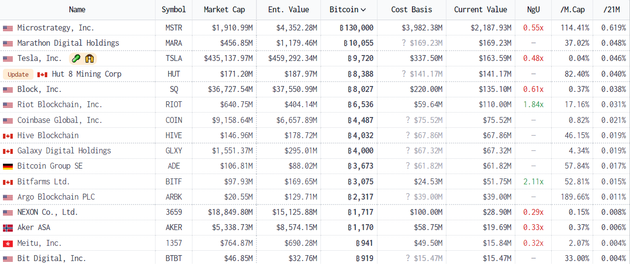 Các khoản đầu tư và nắm giữ Bitcoin hàng đầu của các công ty niêm yết trên sàn. Nguồn: Bitcoin Treasuries