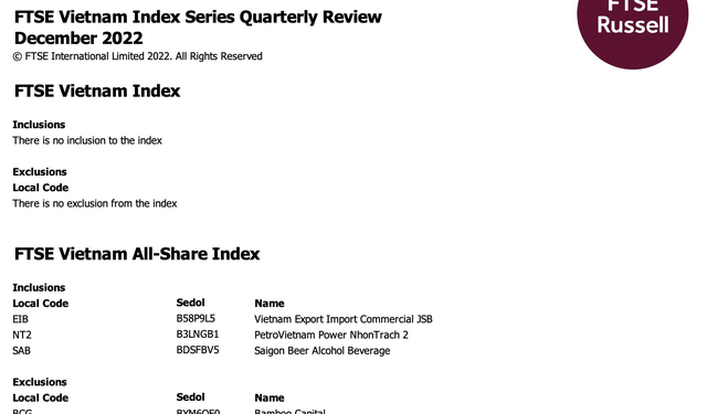 FTSE Vietnam Index giữ nguyên danh mục trong kỳ cơ cấu quý 4/2022 - Ảnh 1.