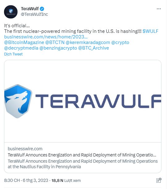 TeraWulf đào coin bằng năng lượng hạt nhân