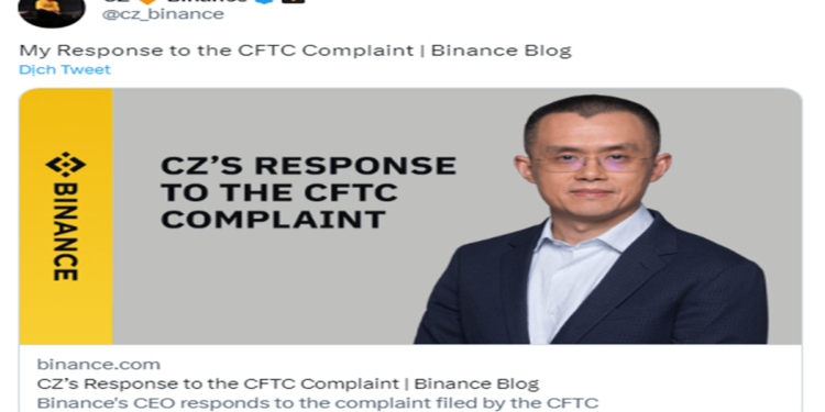Ông trùm Binance phản pháo gọi hành động của CFTC là “đáng thất vọng”