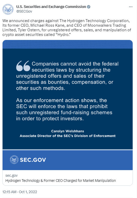 SEC đã chiến thắng trong cuộc chiến pháp lý cáo buộc tập đoàn công nghệ Hydrogen thao túng thị trường tiền điện tử.