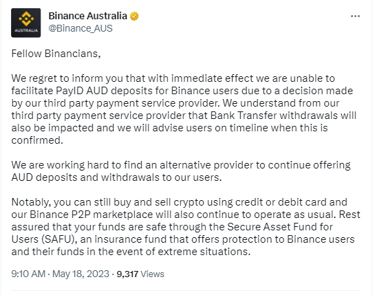 Binance Aus tạm dừng các dịch vụ gửi là rút đồng AUD