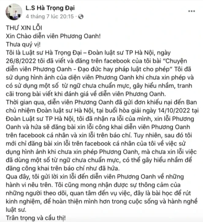 Lý do luật sư vợ cũ Shark Bình xin lỗi diễn viên Phương Oanh